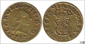 Spain Carlos III 1/2 escudo 1767 Seville Cf 1,80 Gr. Gold MBC VF+ 794 - Picture 1 of 1