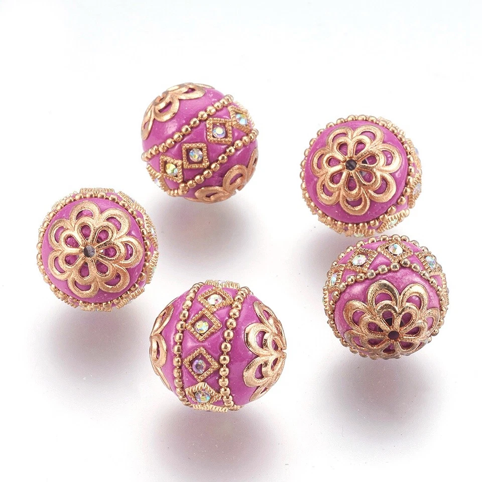 5Pcs Round Handmade Indonesia Beads with Metal Findings Light Gold Orchid 19mm - Image 1 of 2