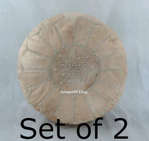 Set of 2 Moroccan Pouf Leather Ottoman Footstool Pouffe Outdoor Stool Boho Pouf - Picture 1 of 8