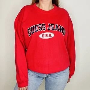 Vintage Guess Jeans USA Made Red Spell Out Pullover Sweatshirt Large Unisex - Picture 1 of 9