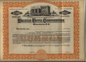 Walker Hotel Corporation Aktienzertifikat Washington D.C. Mayflower - Bild 1 von 1