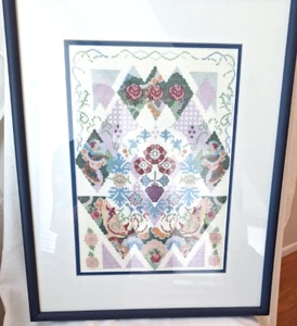 Vtg Finished Cross Stitch Matted & Framed Floral Quilt Pastels Cottage Core - Picture 1 of 12