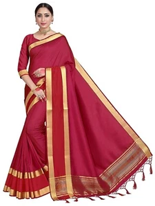 Women's Raw Silk Saree with Unstitched Blouse Piece - Zari Woven Work, Red - Picture 1 of 5