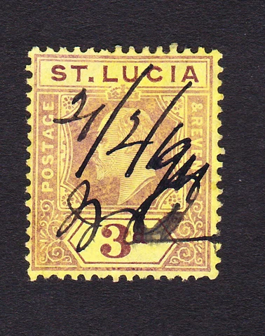ST. LUCIA , Scott #  60  1909  the THREE PENCE used ink cancel  FREE SHIPPING Cover