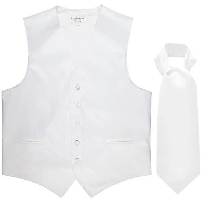 New Men's Solid Tuxedo Vest Waistcoat & Ascot Cravat White Wedding - Image 1 of 4