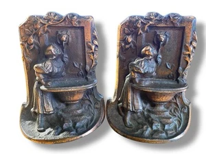 Cast Iron Bookends Lady At Fountain Girl in Secret Garden - Picture 1 of 8