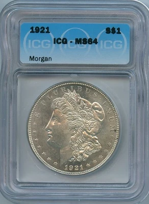 1921 P ICG MS64 Morgan Dollar $1 US Mint Silver Coin 1921-P MS-64 Near PL ! - Image 1 of 3