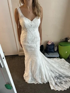 Stunning Elite Bridal Mermaid Lace Pearl Ivory Open Back Wedding Dress Size 12 - Picture 1 of 18