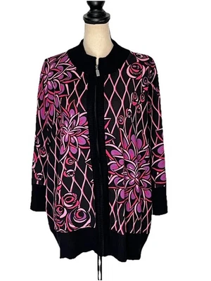 Cárdigan Artístico Usable Bob Mackie Talla Grande 1X Abstracto Floral Cremallera Manga 3/4 Foto 1 de 4