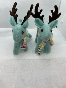 Plush Reindeer Christmas Ornament Animal Set Of 2 Teal With Scarf - Picture 1 of 7