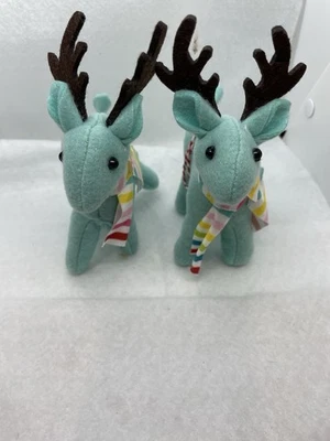 Plush Reindeer Christmas Ornament Animal Set Of 2 Teal With Scarf — 第 1/4 张图片