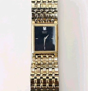 Vtg SEIKO Diamond Tank Men’s 32mm Quartz Watch Black & Gold Bracelet 4N00-6298 - Picture 1 of 12