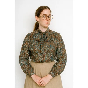 John Abbott Button Up Tie Neck Secretary Blouse Women's Shirt Vtg 70s Geek - Picture 1 of 6