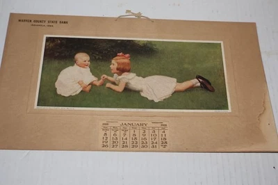 1908 Warren County State Bank Calendar Indianola Iowa Girl w/ Baby Image - Image 1 of 4