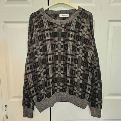 Vintage 1990s Jantzen Sweater Mens Extra Large Black Tan Geometric Crewneck Knit - Image 1 of 4