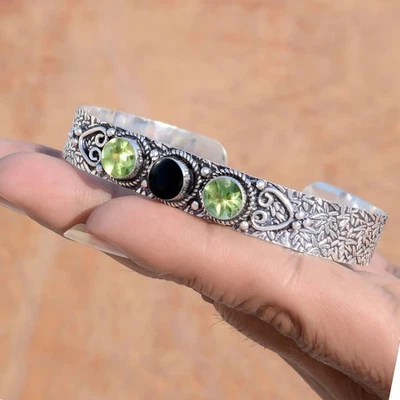 Bracciale in argento sterling 925 con pietre preziose taglio onice nero e... - Immagine 1 di 4