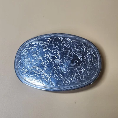 Vintage Western Silver Tone Oval Floral Engraved Belt Buckle Cowboy Rodeo 3 Inch - Image 1 of 4