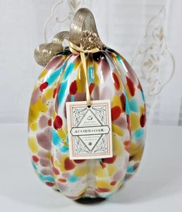 Harvest Collection Acorn & Oak Multicolored w/Glitter Flecks Blown Glass Pumpkin - Picture 1 of 8