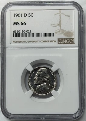 1961 D Jefferson Nickel ~ NGC MS 66 - Image 1 of 2