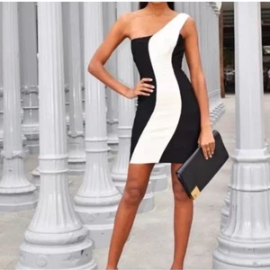 Herve Leger Nita One Shoulder Bandage Dress Black Cream Sculpted Bodycon L - Picture 1 of 8