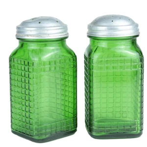 Agitatore vetro verde Owens-Illinois - modello griglia waffle 5" vintage con coperchio in metallo - Foto 1 di 10