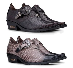 Mens Genuine Leather Western Shoes Croc Metal Belt Cuban Heel Dancing Riding  - Picture 1 of 12