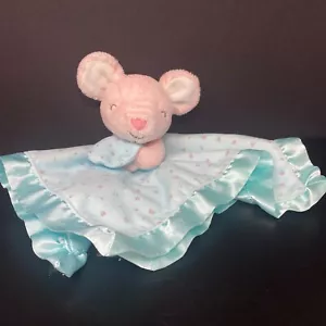 Carters Pink Mouse Baby Security Blanket Lovey Blue Aqua Flowers Satin Back - Picture 1 of 6