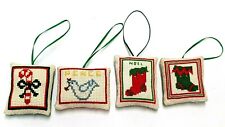 4 Handmade Miniature Dollhouse Cross Stitch Throw Pillows Christmas Ornaments 