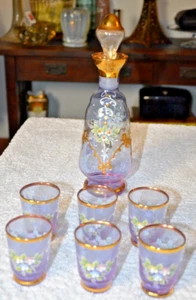 Vintage Lavender Murano Hand Blown Decanter 6 Glasses Venetian Glass Set- Rare - Picture 1 of 8