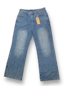 Genleck Women Y2K Wide Leg High Waist Jean Denim Loose Baggy Boyfriend L NWT - Picture 1 of 9