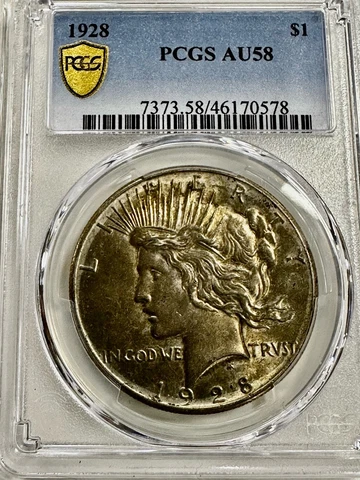 Sweet 1928 P PCGS AU58 90% Silver Peace Dollar US Mint Coin Free Ship Key Date Cover