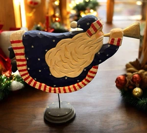 Wooden Carve Christmas Folk Art Santa Red White Blue Blowing Horn Vintage Granny - Picture 1 of 12
