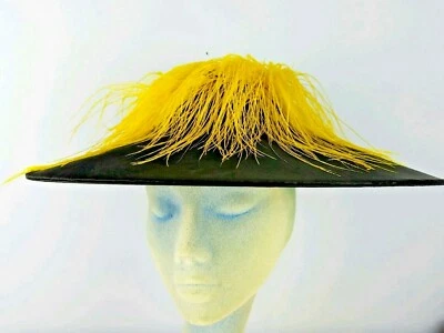 Black Hat Yellow Ostrich Feathers YVONNE California Statement Large Brim Vintage - Image 1 of 4