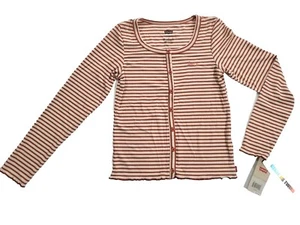 Levis Girls Large Shirt Long Sleeve Button Up Rib Knit Scoop Neck Orange Stripes - Picture 1 of 9