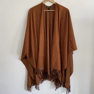 INC Poncho Shawl Southwestern Cowgirl Bohemian One Size Suede Feel Fringe Tan - Picture 1 of 7