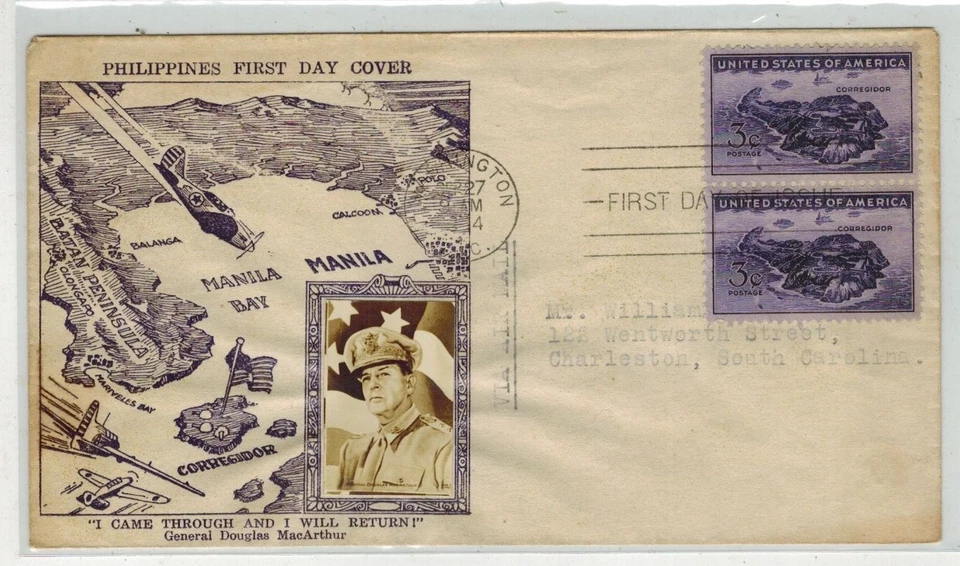 1944 Patriotic FDC CROSBY PHOTO 925 CORREGIDOR MANILA BAY & GENERAL MACARTHUR - Image 1 of 1