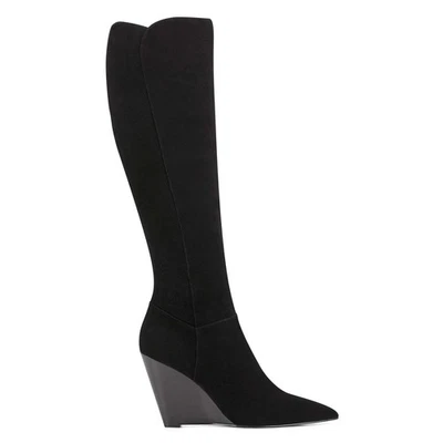 NINE WEST - VARIN, Botas hasta la rodilla de gamuza REALES negras, tacón de cuña de 3,5", talla 9,5 Foto 1 de 4
