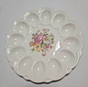 Vintage E&R American Art Ware Porcelain Devil Egg Plate Flowers 9” - Picture 1 of 4