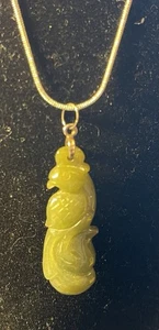 Vintage Carved Green Jade Pendant Phoenix Jadeite Bird 925 Charm 16” Necklace - Picture 1 of 14