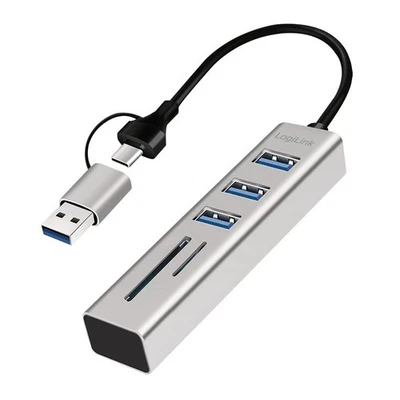 Logilink USB-C HUB 3xUSB Cardreader microsSD SD 5Gbit/s silber Type-C Verteiler - Bild 1 von 4