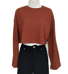 SheIn Women's Extra Small Brown Striped Cropped Long Sleeve Crew Neck Top - Picture 1 of 12