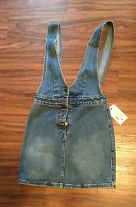 NWT Billabong Overalls XS Denim Button Front High Waist Pockets V Neck Skirt - Picture 1 of 8