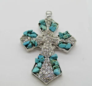 Silberfarben Faux Türkis Patina Kreuz Anhänger Halskette Magnetverschluss - Bild 1 von 5