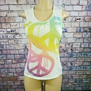 Camiseta sin mangas blanca para mujer descolorida arco iris signos de paz autoestima talla mediana - Imagen 1 de 7