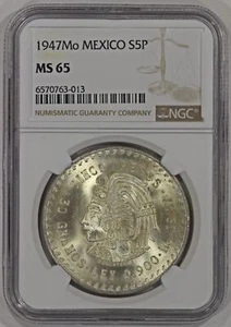 1947 Mo Mexico Silver 5 Pesos Coin NGC MS65 Cuauhtemoc - Picture 1 of 4