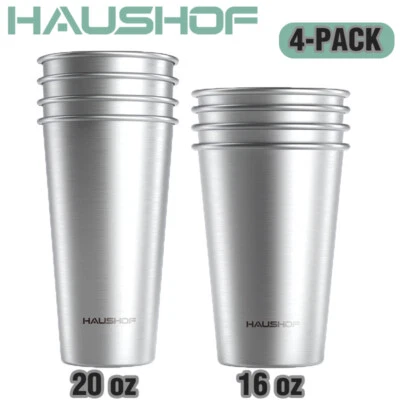 HAUSHOF 4 Pack 20 oz/16 oz Pint Cup Stainless Steel Cup Stackable Metal Beer Cup