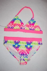 Girls Swimsuit 2 PC BIKINI SET Hot Pink ABSTRACT NEON TRIANGLES Size XS 4-5 - Picture 1 of 2