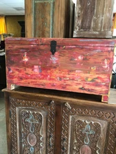 Rustic Reds Indian Trunk CHEST, Eclectic Gift, Accent table, handmade Decorative