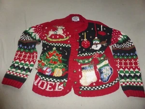 TIARA PETITES CHRISTMAS SWEATER CARDIGAN SIZE L TREE NOEL ORNAMENT REINDEER - Picture 1 of 7