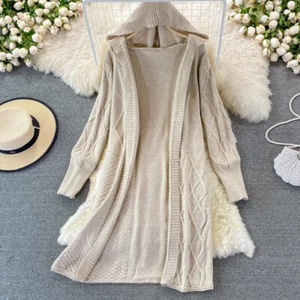 Fall Hooded Women Long Loose Twist Rough Sweater Coat Tide Cardigan Jacket Tops - Picture 1 of 15